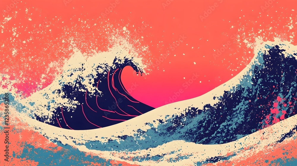 Obraz premium Dramatic Crimson Sunset Waves Crashing in Turbulent Ocean Seascape