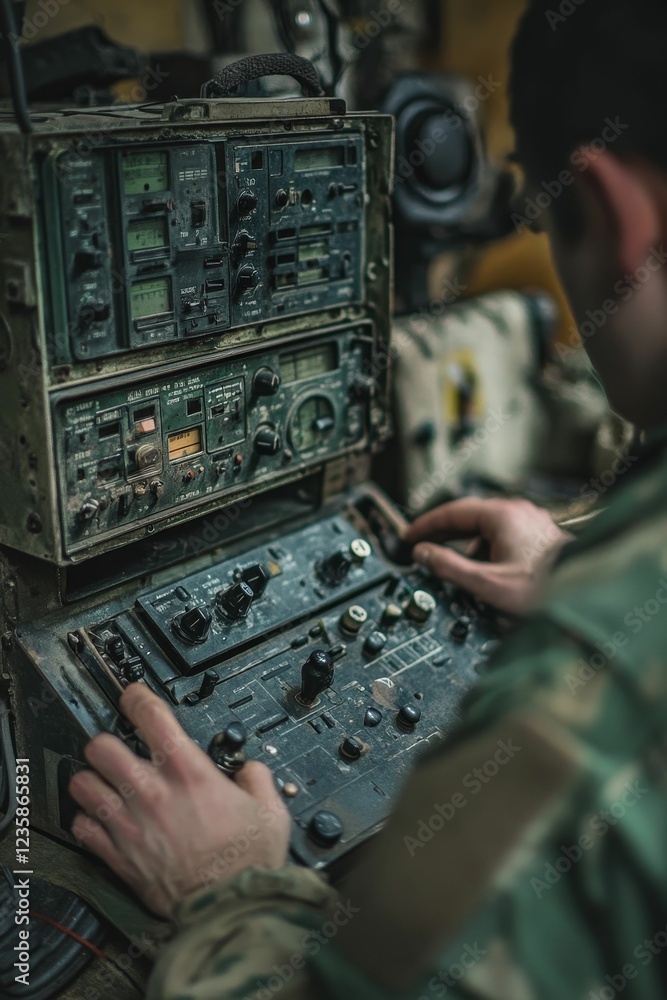 Obraz premium Soldier operating vintage military communications equipment.