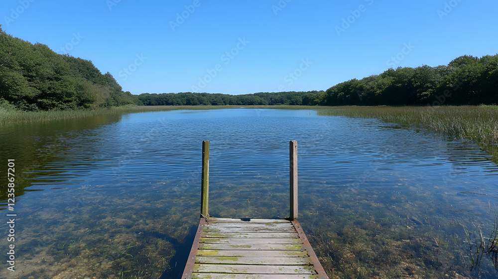 Serene lake view with wooden dock, summer day Serene lake view with wooden dock, summer day