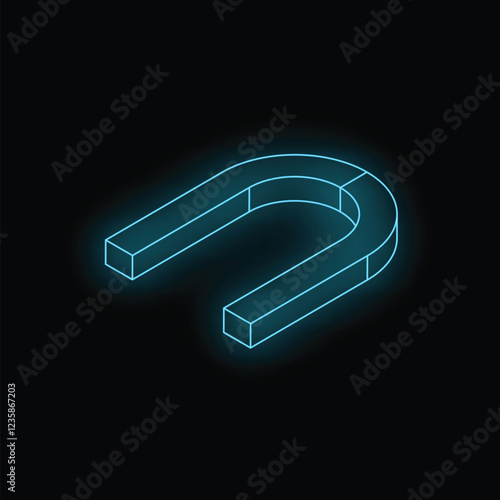 Neon blue horseshoe magnet is emitting light in dark space