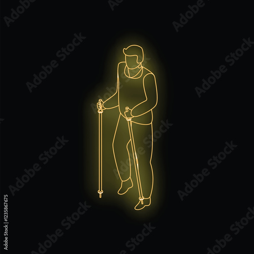 Neon style isometric illustration representing a man practicing nordic walking using trekking poles, promoting a healthy and active lifestyle