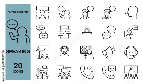 話すことに関するアイコンセット　会話・ミーティング・電話・討論など　編集可能　