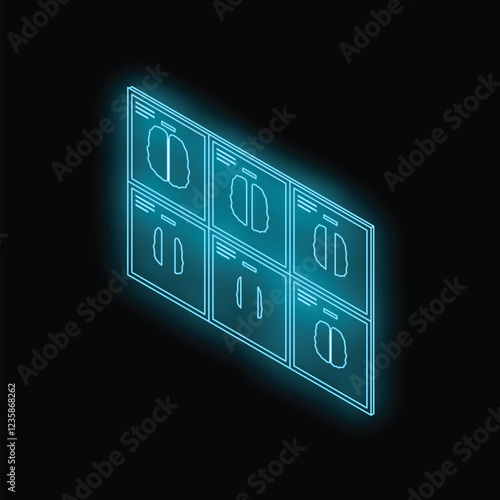 Multiple mri images of a brain are displayed on a futuristic glowing neon medical screen in a laboratory setting