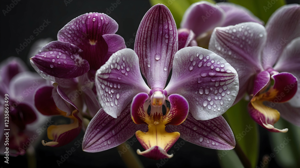Close-up of a dew-covered purple orchid in bloom, highlighting its stunning texture and rich color contrast Close-up of a dew-covered purple orchid in bloom, highlighting its stunning texture and rich color contrast