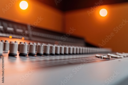 stock photo of professional music studio mixing consoles soundproofed walls warm led ambiance high-quality equipment photo