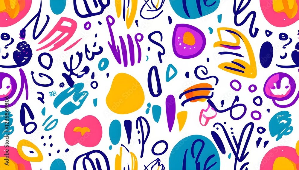 playful, abstract illustration features a seamless pattern of whimsical hand-drawn shapes and icons in vibrant colorful hues playful, abstract illustration features a seamless pattern of whimsical hand-drawn shapes and icons in vibrant colorful hues