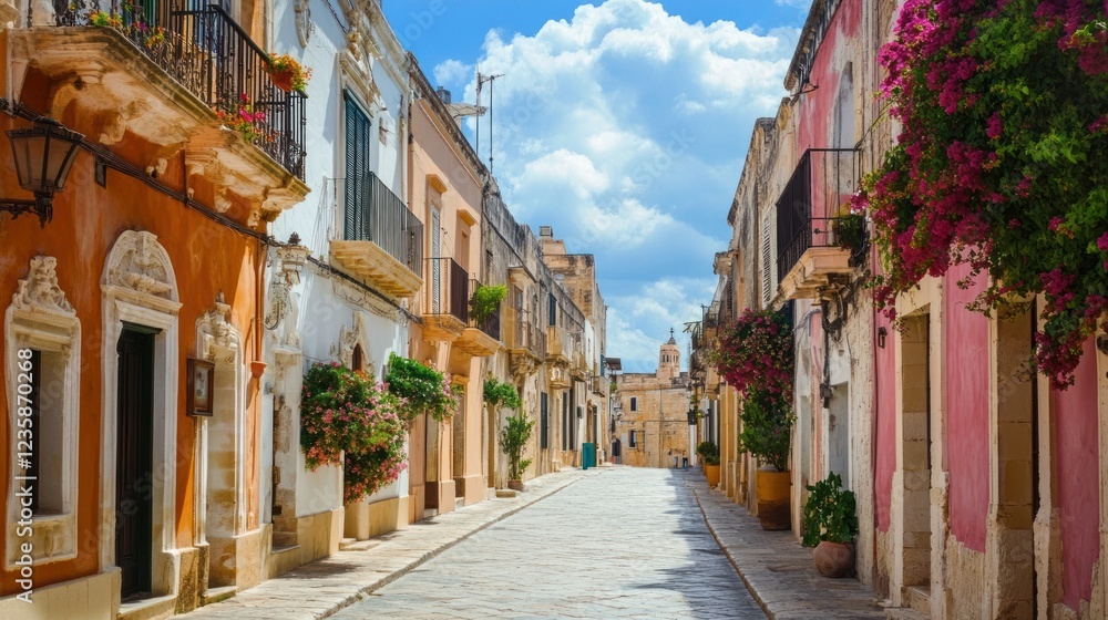 Fototapeta premium A picturesque street lined with colorful buildings and vibrant flowers under a blue sky.