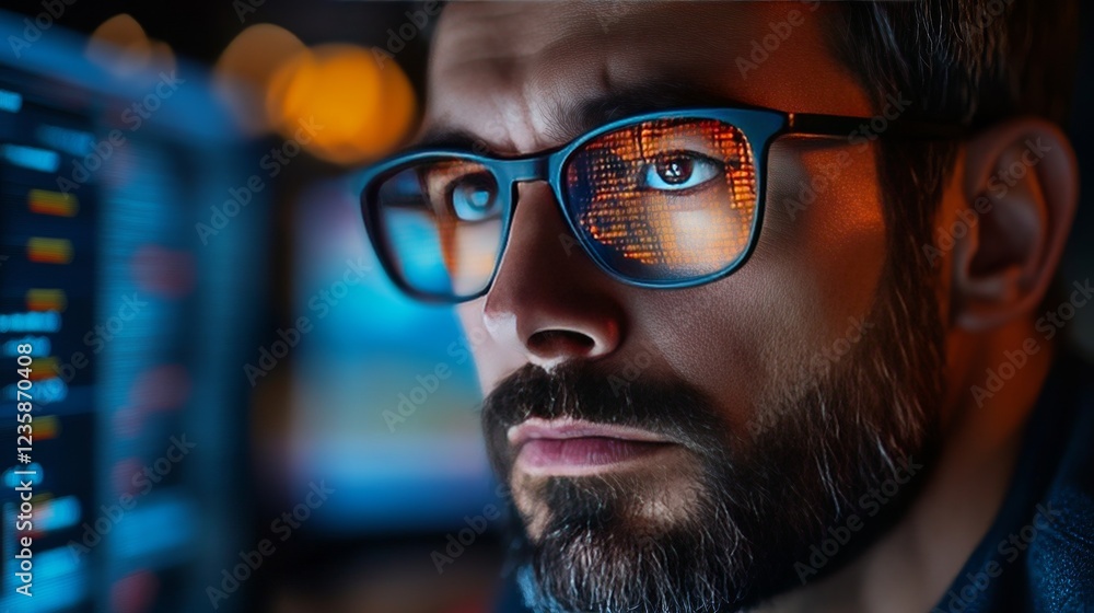 A man in glasses absorbed in the screen in front of him, with digital data and colorful lights reflected in his lenses, illustrating the world of modern technology and focus. A man in glasses absorbed in the screen in front of him, with digital data and colorful lights reflected in his lenses, illustrating the world of modern technology and focus.