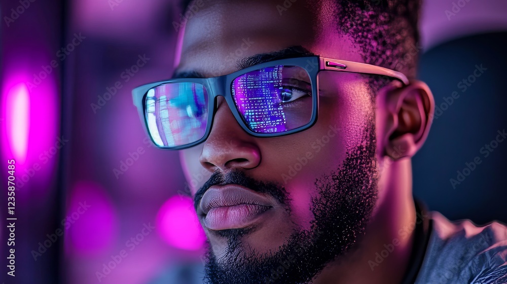 A man with glasses intently focused on a screen, with digital information and glowing lights reflecting off his glasses, symbolizing the fusion of technology and concentration. A man with glasses intently focused on a screen, with digital information and glowing lights reflecting off his glasses, symbolizing the fusion of technology and concentration.
