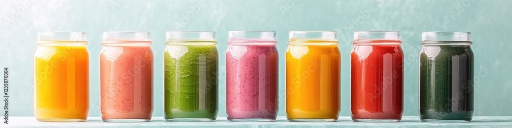 visually appealing spread of fresh smoothies in glass jars featuring variety of vibrant colors from different fruit visually appealing spread of fresh smoothies in glass jars featuring variety of vibrant colors from different fruit