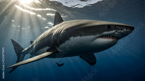 a great white shark swimming in open ocean with sharp teeth and menacing eyes under sunlight photo