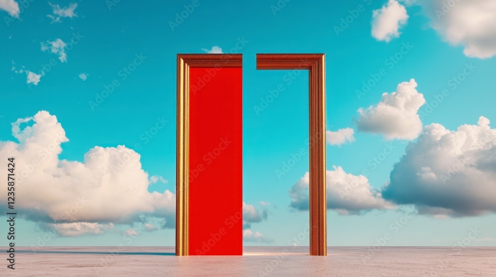 Open Red Door In Golden Frame Against Blue Sky With Clouds Open Red Door In Golden Frame Against Blue Sky With Clouds