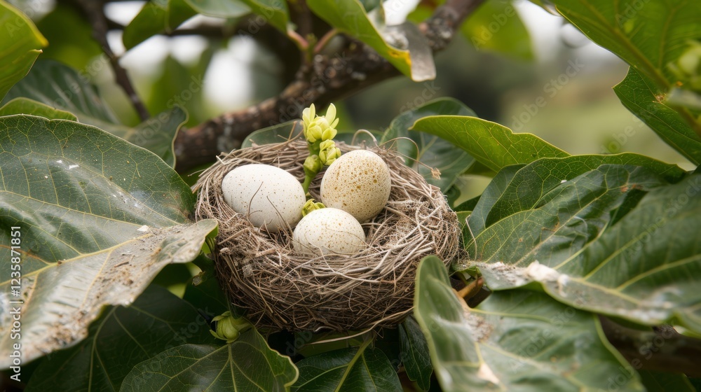 Fototapeta premium A brown bird s nest containing four white eggs perched on a branch in a serene natural setting.