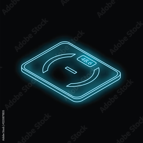 Isometric view of a digital bathroom scale displaying a weight measurement, illuminated by a vibrant neon glow against a dark background