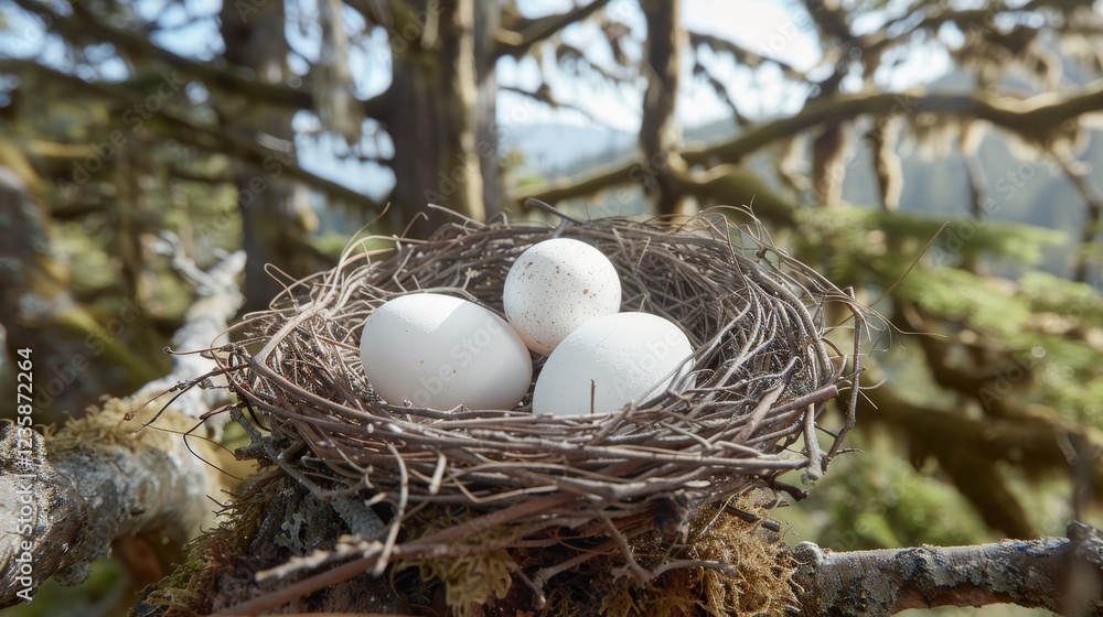 A brown nest with four white eggs resting on a branch in a serene natural setting A brown nest with four white eggs resting on a branch in a serene natural setting