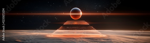 A futuristic landscape featuring a glowing pyramid and a hovering sphere, set against a cosmic backdrop with vibrant colors.