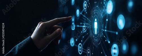 A hand interacts with a digital interface displaying interconnected symbols, representing technology, data, and connectivity in a futuristic setting.