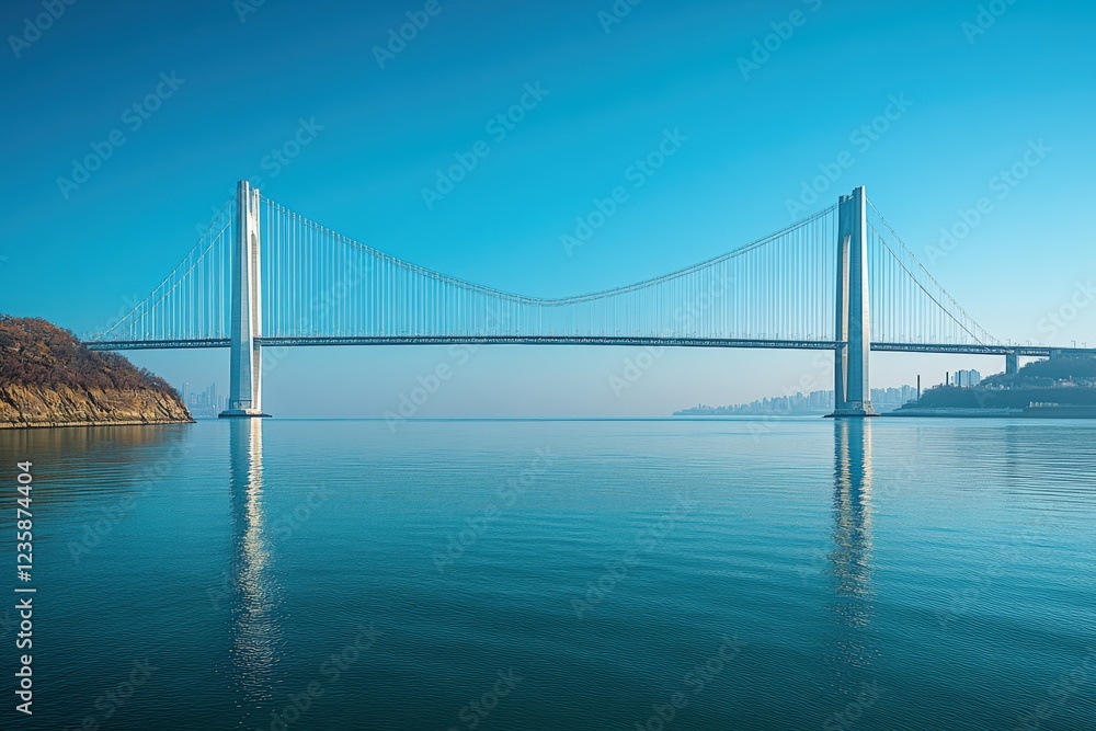 Majestic suspension bridge over calm water scenic view urban landscape Majestic suspension bridge over calm water scenic view urban landscape