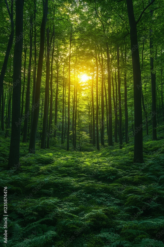 Obraz premium Sunlit forest pathway nature scene lush greenery tranquil environment soft viewpoint