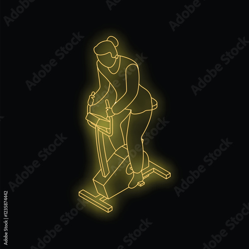 Neon yellow isometric view of a woman training using an exercise bike