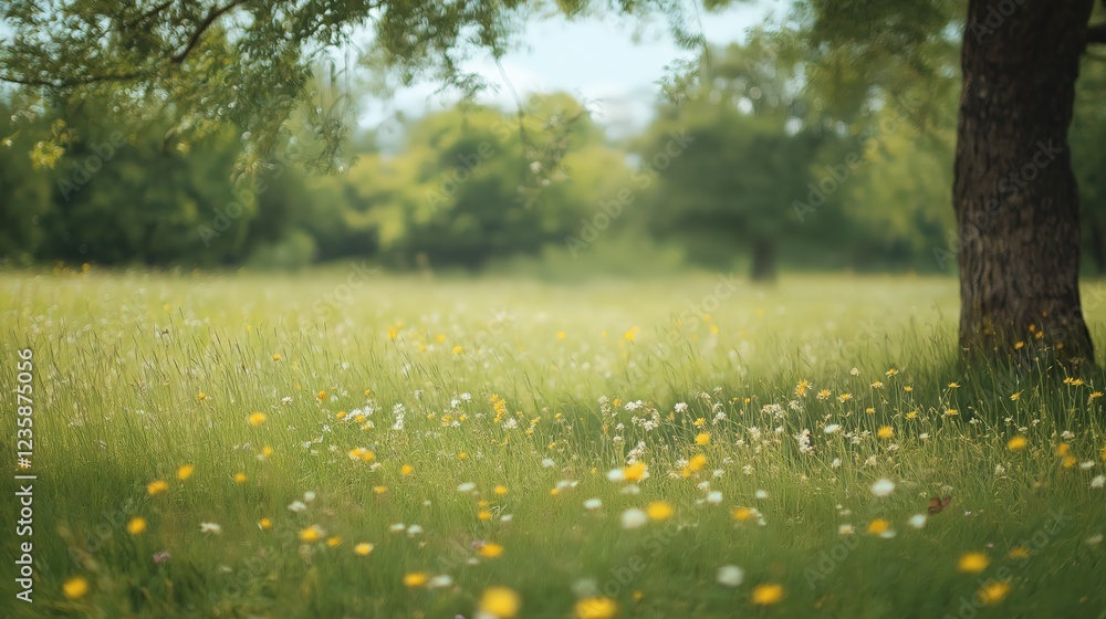 Fototapeta premium Tranquil Wildflower Meadow Landscape Soft Sunlight and Green Field