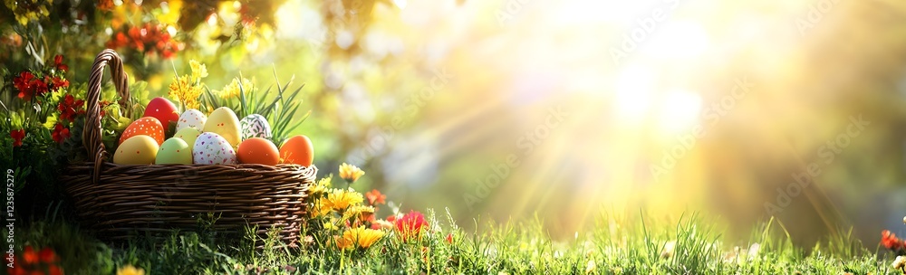 Nest with easter eggs in grass on a sunny spring day - Easter decoration, banner, panorama, background. copy space Nest with easter eggs in grass on a sunny spring day - Easter decoration, banner, panorama, background. copy space