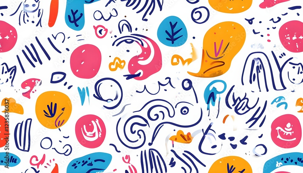 playful, abstract illustration features a seamless pattern of whimsical hand-drawn shapes and icons in vibrant colorful hues playful, abstract illustration features a seamless pattern of whimsical hand-drawn shapes and icons in vibrant colorful hues