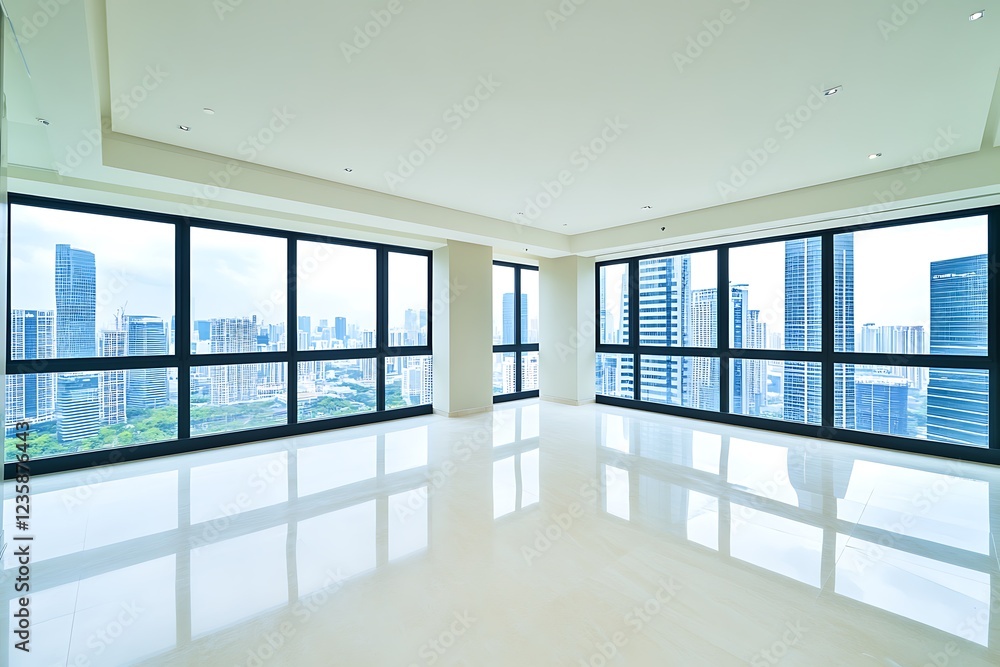 Fototapeta premium Empty Modern Apartment with City View