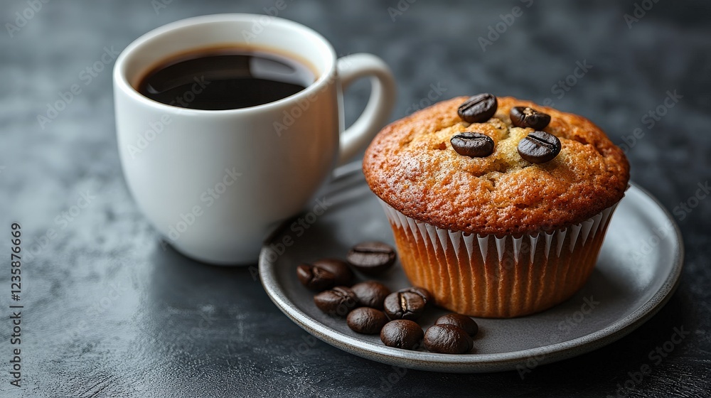 Freshly baked muffin with coffee cup on a dark table, showcasing a cozy breakfast setting Freshly baked muffin with coffee cup on a dark table, showcasing a cozy breakfast setting