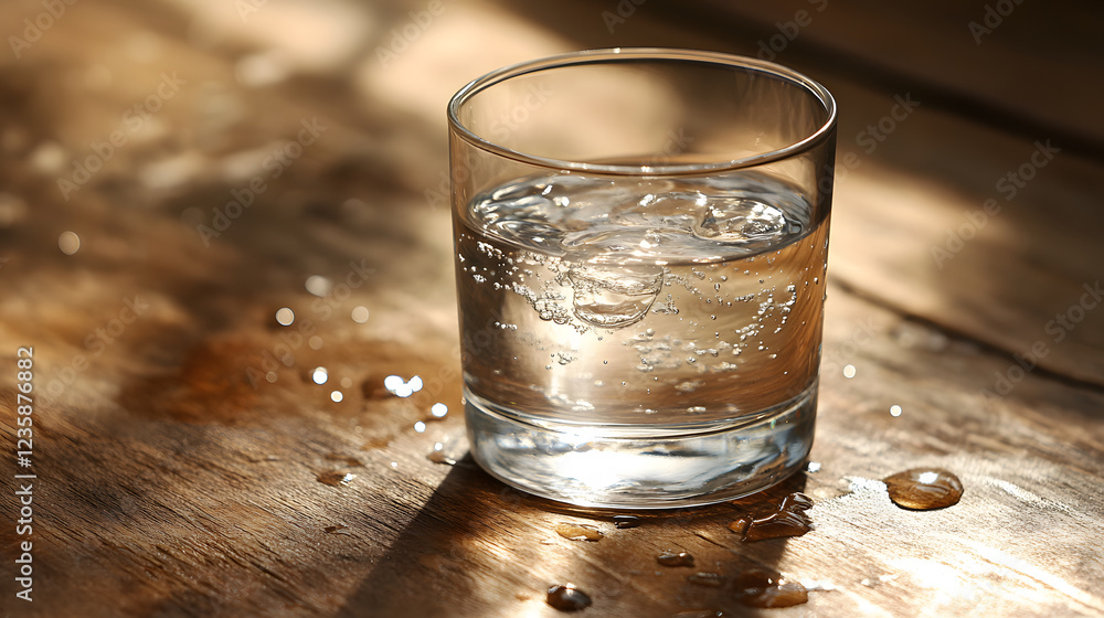 A clear glass with water sits on a wooden surface, reflecting light and creating a serene atmosphere A clear glass with water sits on a wooden surface, reflecting light and creating a serene atmosphere