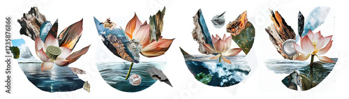 Set of Transformative lotus flowers in serene landscape surreal collage, isolated on white background