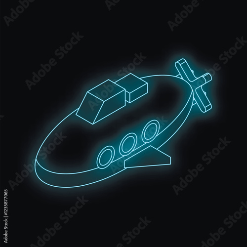 Neon submarine carrying cargo, exploring the ocean depths, glowing brightly in underwater darkness