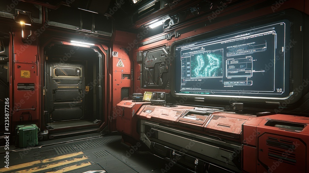 Obraz premium Futuristic Spaceship Interior Workstation Corridor