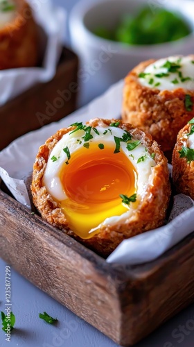 Golden yolk oozing from scotch egg gourmet recipe food indoor setting close-up culinary delight photo