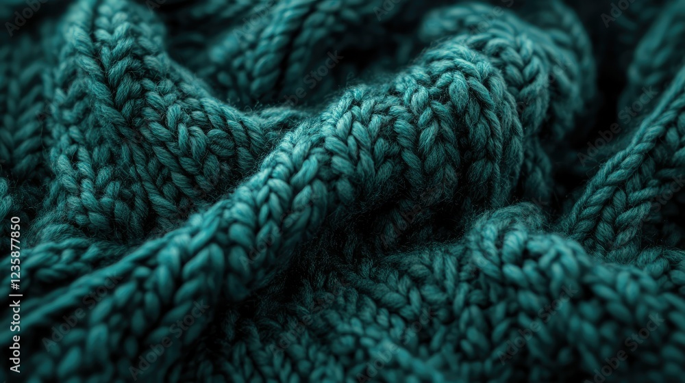 Close-Up View of Cozy, Textured Knitted Fabric in a Rich Teal Color, Perfect for Home Decor, Fashion, and Textile Design Inspirations Close-Up View of Cozy, Textured Knitted Fabric in a Rich Teal Color, Perfect for Home Decor, Fashion, and Textile Design Inspirations