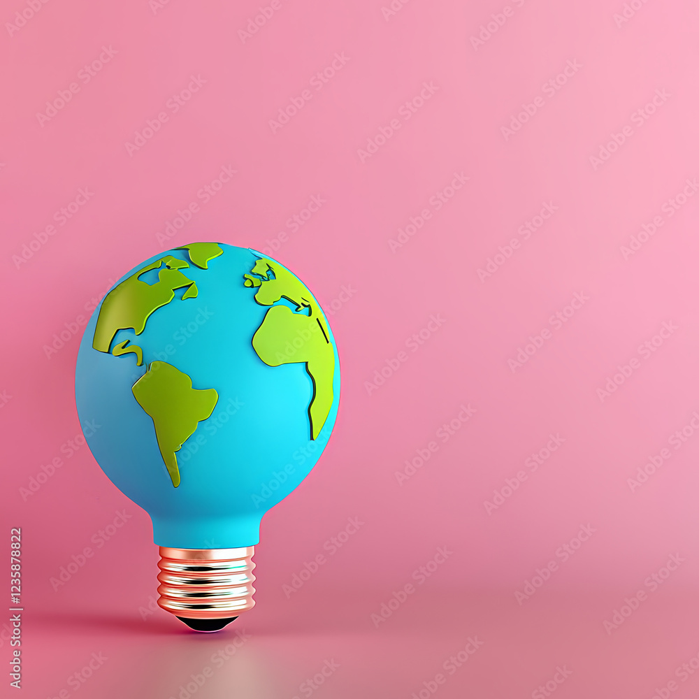 A colorful light bulb shaped like Earth stands on a pink background, symbolizing sustainability and eco-friendliness.