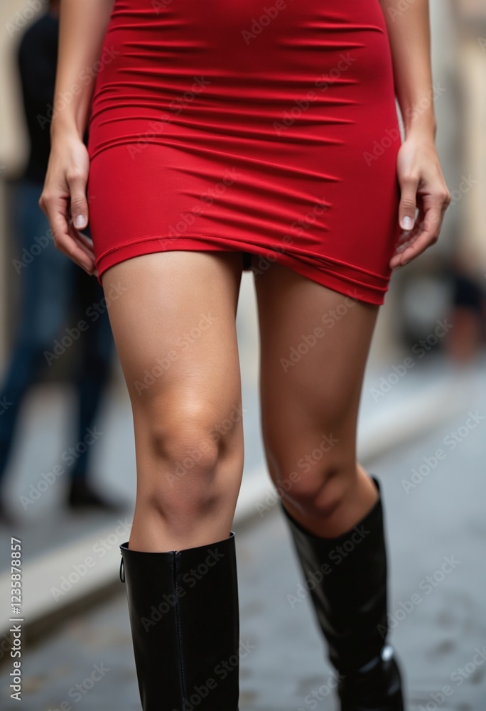 Closeup of athletic woman thighs with elegant red tight dress and black mid-calf boots Closeup of athletic woman thighs with elegant red tight dress and black mid-calf boots