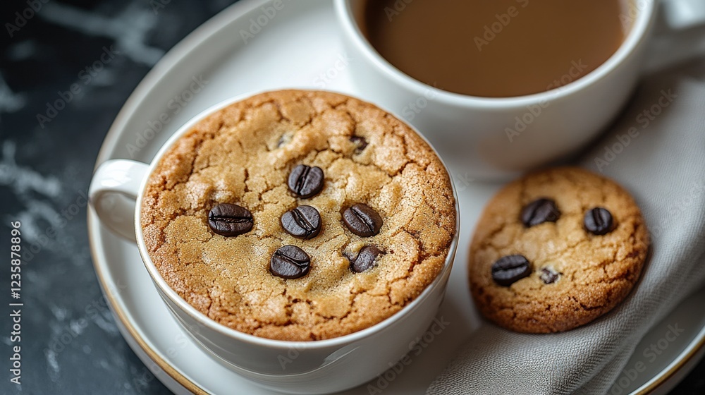 Freshly baked coffee-flavored cookie served with a cup of coffee on a stylish marble table Freshly baked coffee-flavored cookie served with a cup of coffee on a stylish marble table