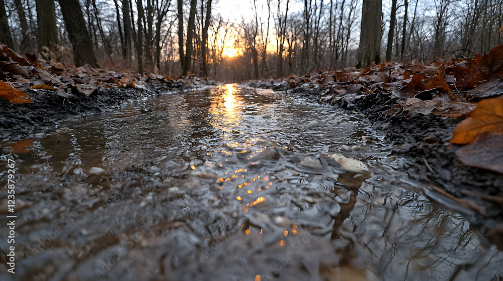 Obraz premium Muddy puddle on a forest path reflecting the golden sunset light through autumn trees.