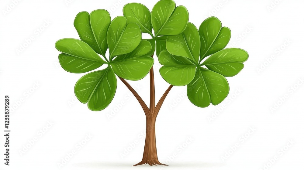 Fototapeta premium Vibrant Green Tree Illustration With Large Leaves On White Background