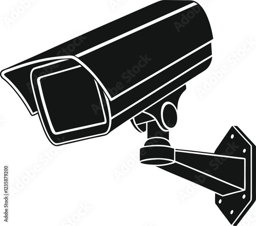 Silhouette of a security surveillance camera mounted on a wall. Vector illustration of a security camera mounted on the wall of a building 