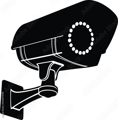 Silhouette of a security surveillance camera mounted on a wall. Vector illustration of a security camera mounted on the wall of a building 