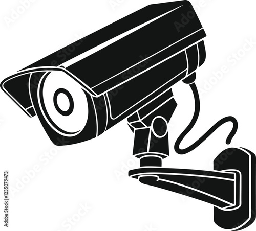 Silhouette of a security surveillance camera mounted on a wall. Vector illustration of a security camera mounted on the wall of a building 