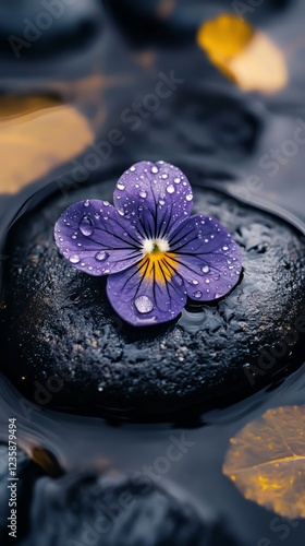 Small violet flower sitting on a black rock in water