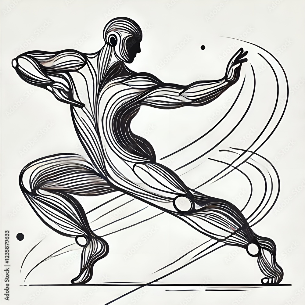 Obraz premium Stylized black and white vector illustration of a muscular figure in motion conveying strength and agility