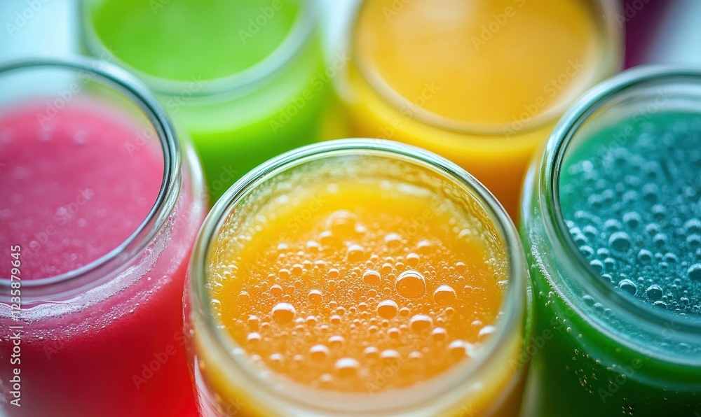 Vibrant Bottles of Fresh Juices Vibrant Bottles of Fresh Juices