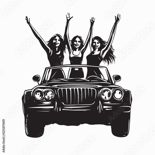 Girlfriends standing in an open top car with arms in the air image vector.