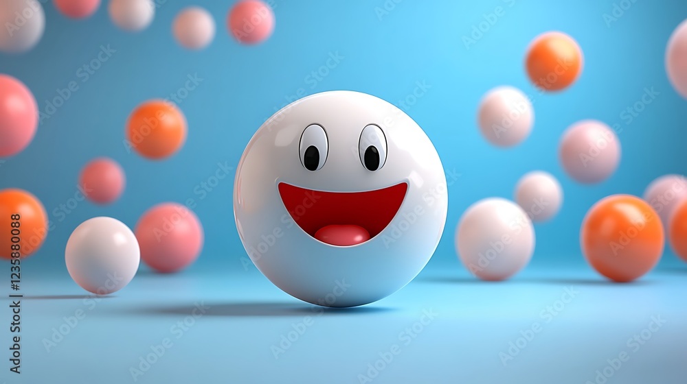 Happy Emoji 3D rendering on a light blue background with colorful balls. Possible use for social media or a greeting card Happy Emoji 3D rendering on a light blue background with colorful balls. Possible use for social media or a greeting card