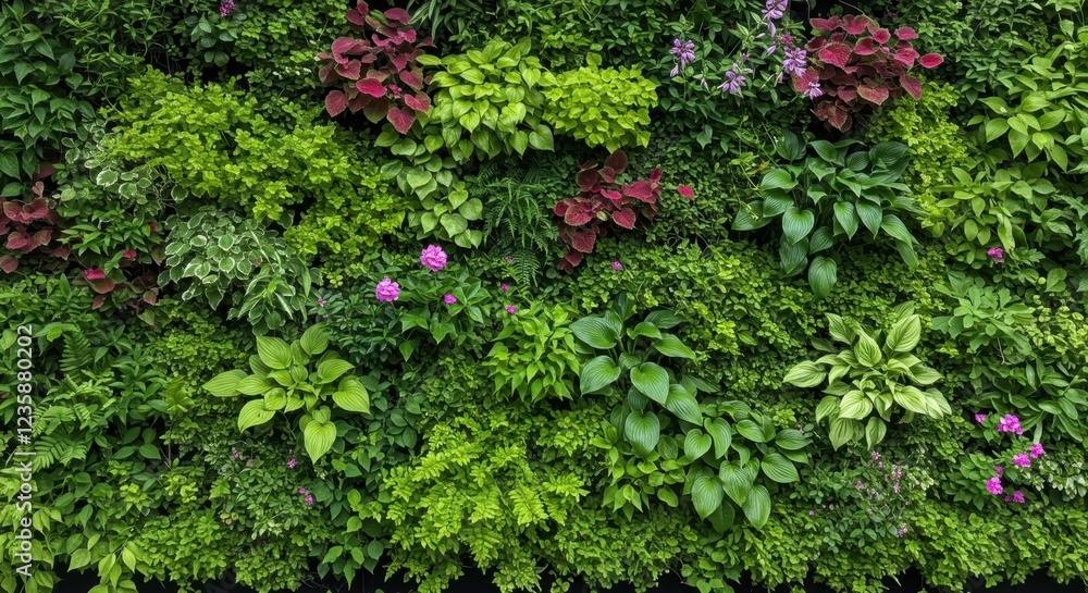 Lush Vertical Garden Displaying Diverse Greenery and Colorful Flowers in Urban Setting