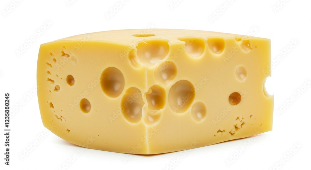 Close up of a Swiss Cheese Block with Numerous Holes Isolated on White Background Close up of a Swiss Cheese Block with Numerous Holes Isolated on White Background